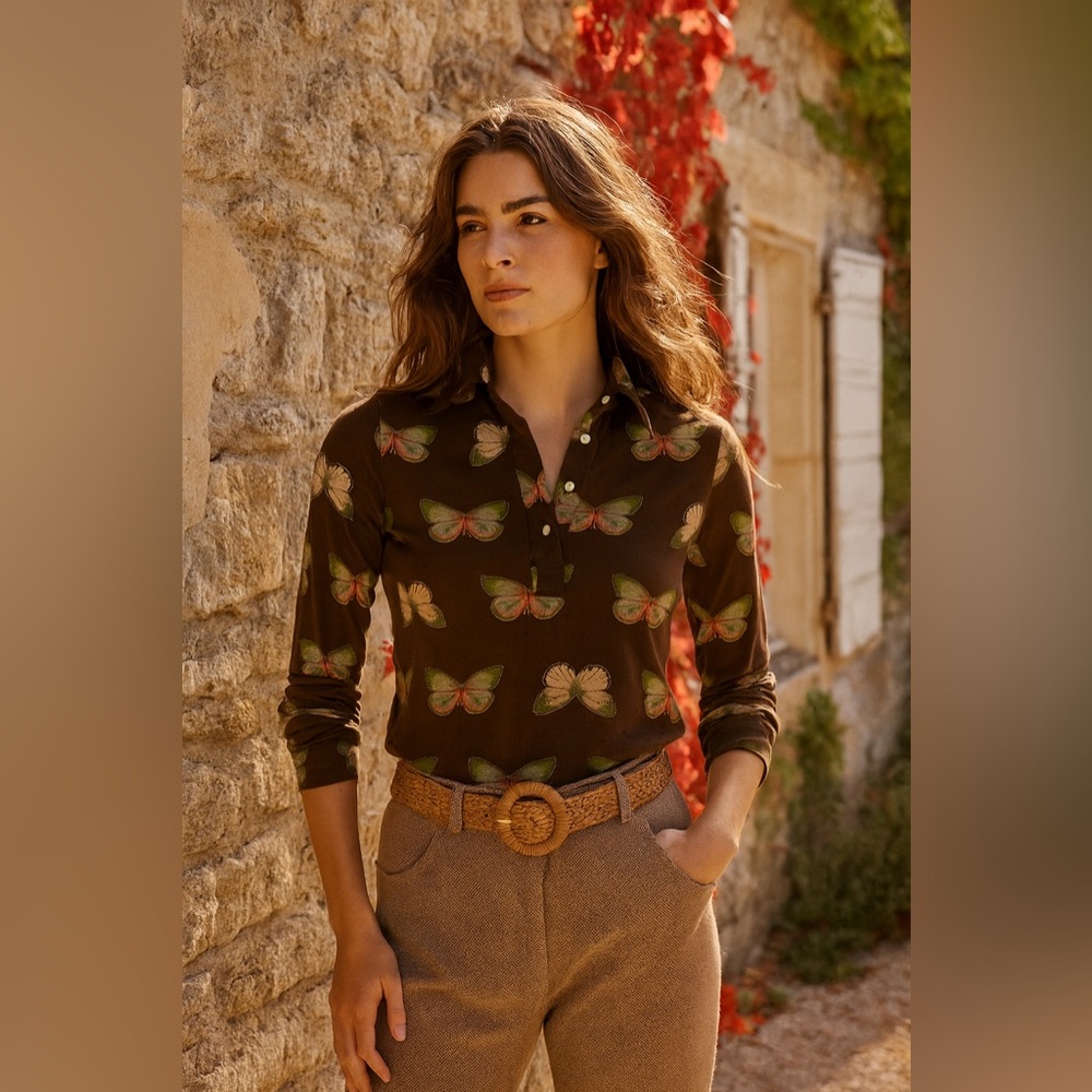 Vintage Saint-Claire Paris Brown Butterfly Light Wool Knit Collared Shirt Top